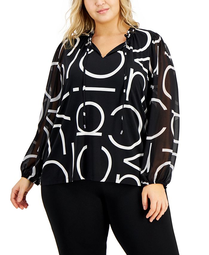 Calvin Klein Women's Split Neck Sheer Sleeve Top Black Size 3X
