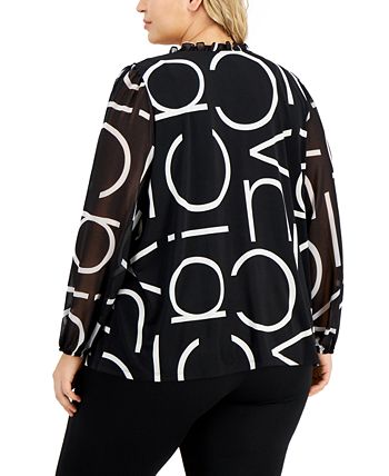 Calvin Klein Women's Split Neck Sheer Sleeve Top Black Size 3X