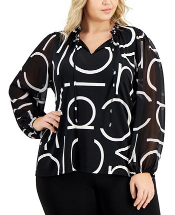 Calvin Klein Women's Split Neck Sheer Sleeve Top Black Size 3X