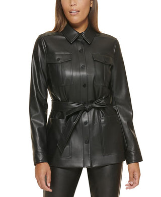 Calvin Klein Women's Faux Leather Shirt Jacket Black Size 6Petite