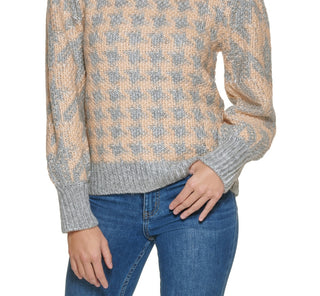 Calvin Klein Women's Houndstooth Long Sleeve Mock Neck Wear To Work Sweater Gray Size Large