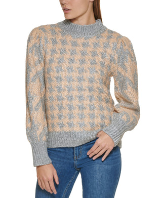 Calvin Klein Women's Houndstooth Long Sleeve Mock Neck Wear To Work Sweater Gray Size Large