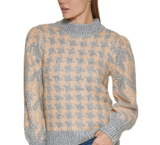 Calvin Klein Women's Houndstooth Long Sleeve Mock Neck Wear To Work Sweater Gray Size Large