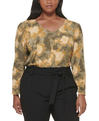 Calvin Klein Women's Printed V Neck Blouse Yellow Size 3X