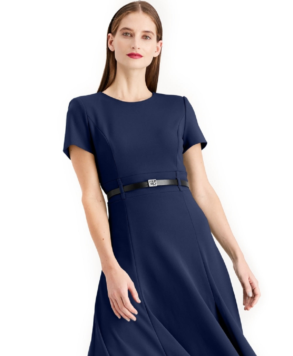 Calvin Klein Women's Belted A Line Midi Dress Blue Size 12