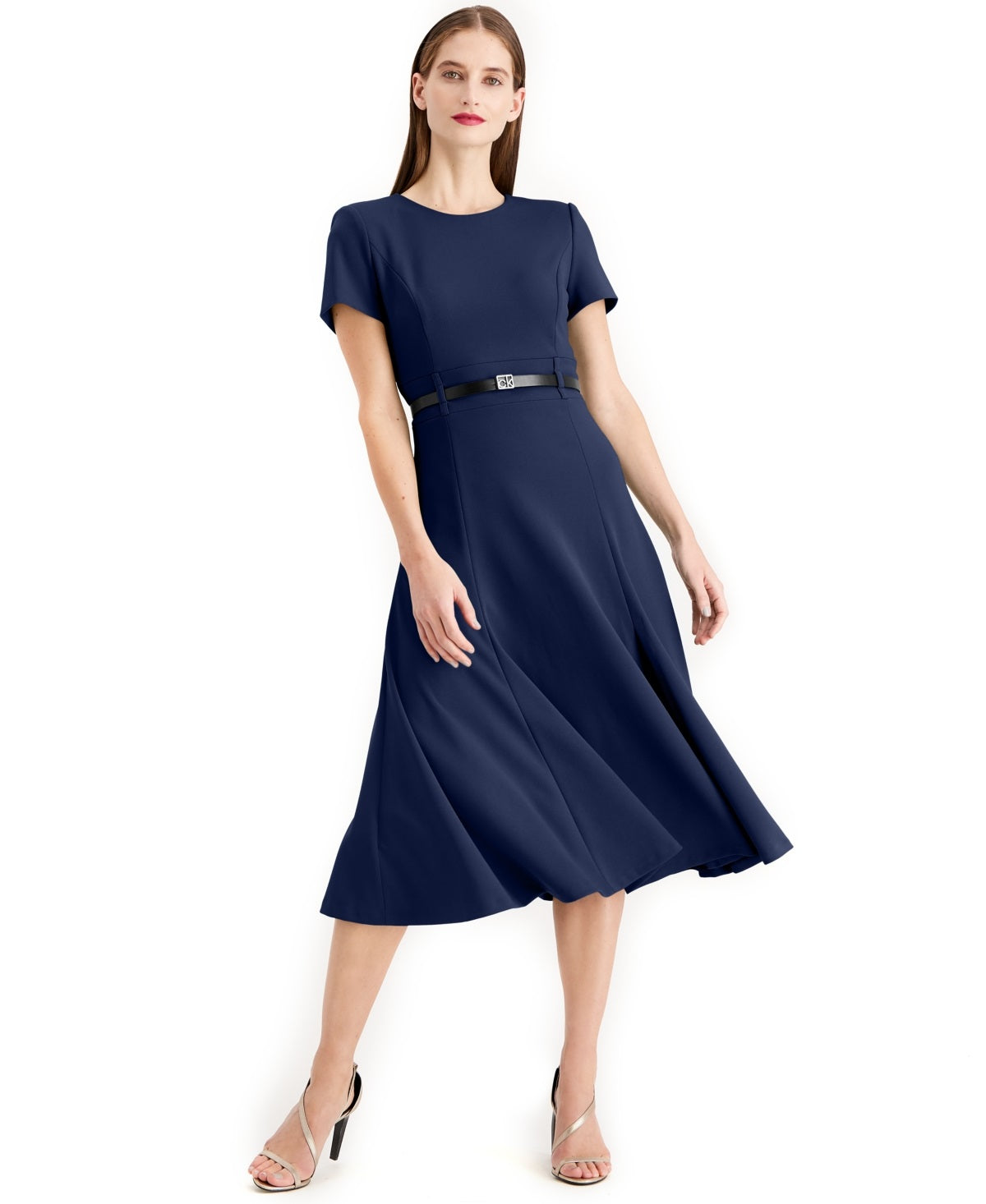 Calvin Klein Women's Belted A Line Midi Dress Blue Size 4