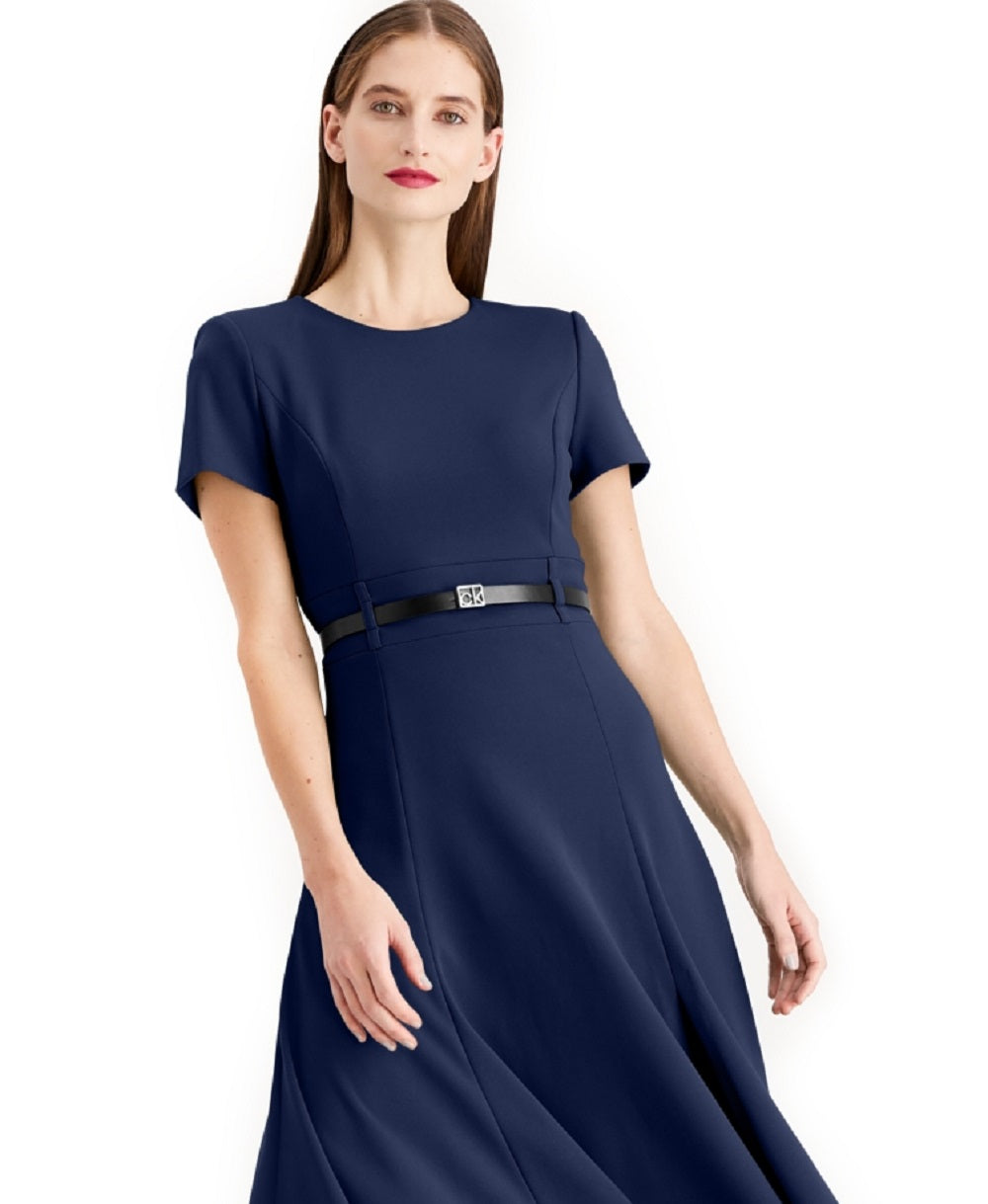 Calvin Klein Women's Belted A Line Midi Dress Blue Size 4