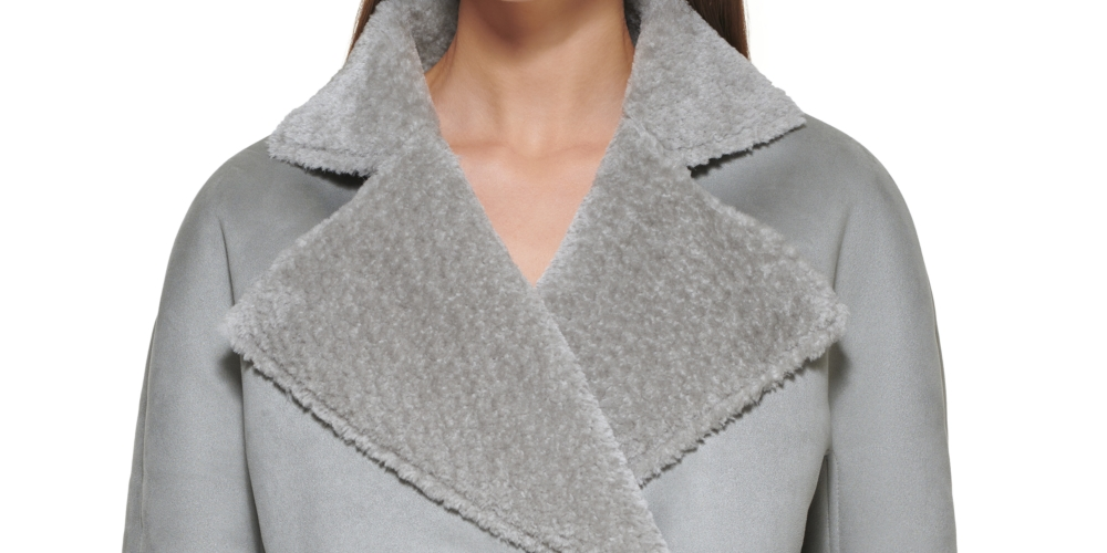 Calvin Klein Women's Pocketed Faux Leather Faux Shearling Collared Button Down Winter Jacket Coat Gray Size X-Small