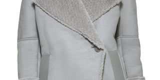 Calvin Klein Women's Pocketed Faux Leather Faux Shearling Collared Button Down Winter Jacket Coat Gray Size X-Small