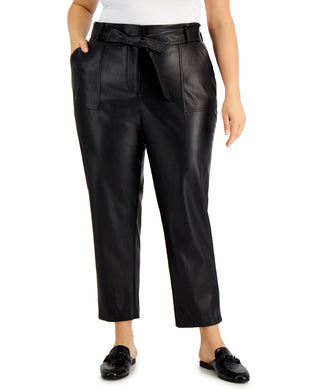 Calvin Klein Women's Faux Leather Tie Waist Straight Leg Pants Black Size 0X