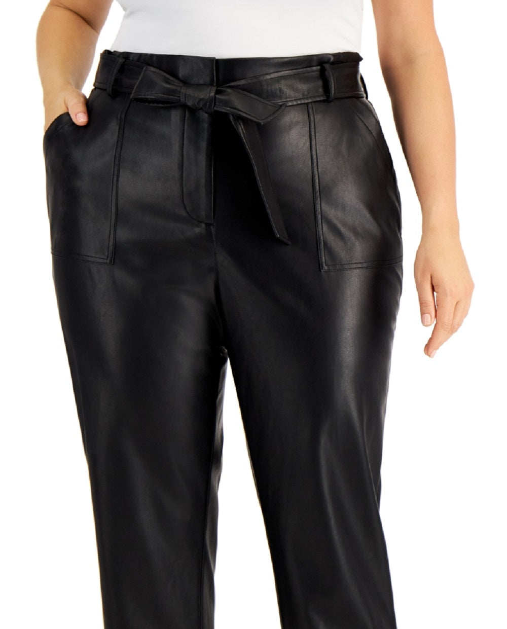 Calvin Klein Women's Faux Leather Tie Waist Straight Leg Pants Black Size 0X