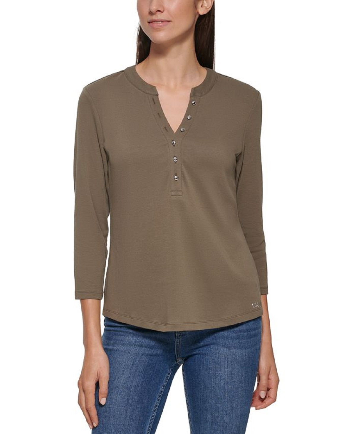 Calvin Klein Women's 3/4 Sleeve Button Front Henley Green Size Medium