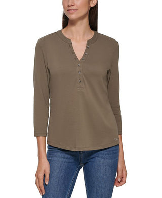 Calvin Klein Women's 3/4 Sleeve Button Front Henley Green Size Medium