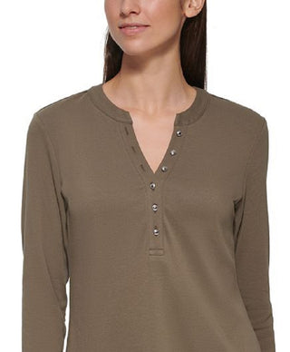 Calvin Klein Women's 3/4 Sleeve Button Front Henley Green Size Medium
