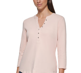 Calvin Klein Women's 3/4 Sleeve Button Front Henley Top Pink Size X-Large