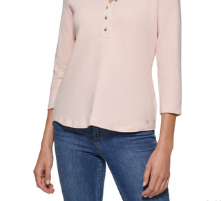 Calvin Klein Women's 3/4 Sleeve Button Front Henley Top Pink Size X-Large