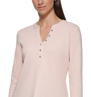 Calvin Klein Women's 3/4 Sleeve Button Front Henley Pink Size Large