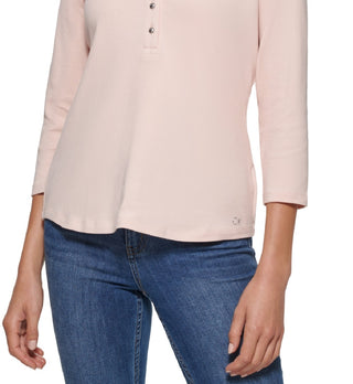 Calvin Klein Women's 3/4 Sleeve Button Front Henley Pink Size Large