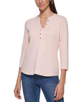 Calvin Klein Women's 3/4 Sleeve Button Front Henley Pink Size Large