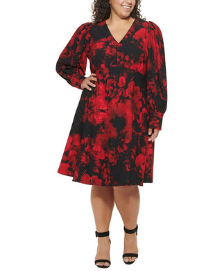Calvin Klein Women's Scuba Crepe Floral Long Sleeve V Neck Dress Red Size 18W