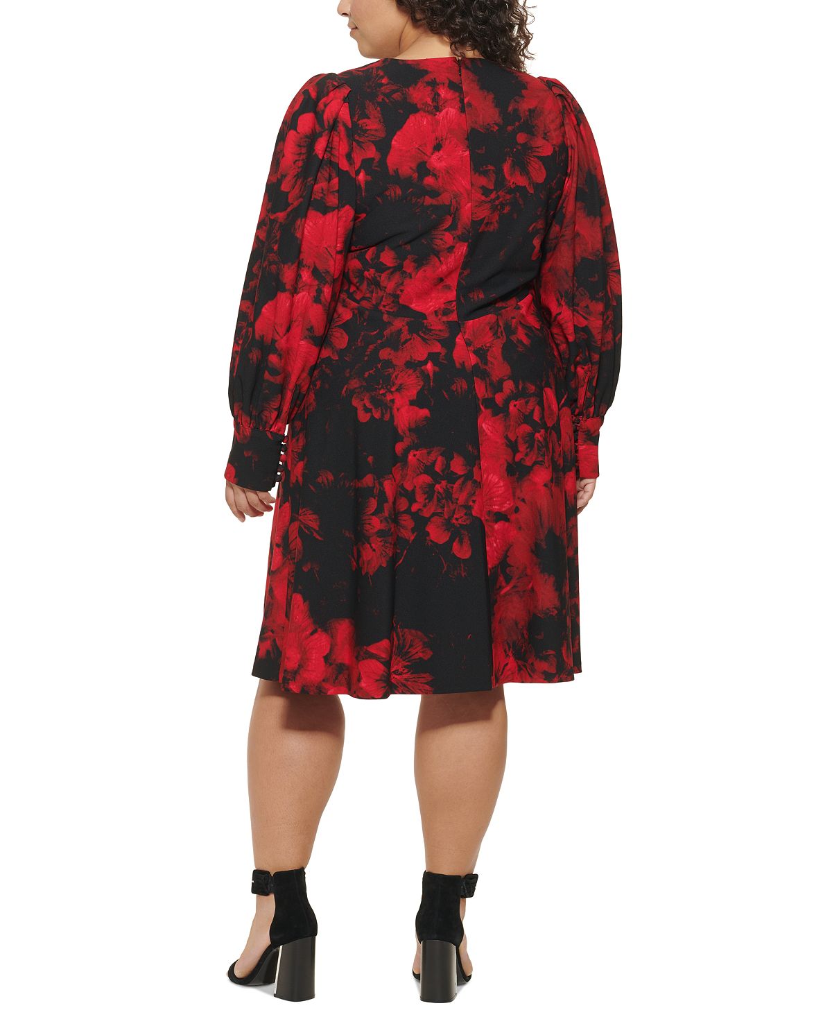 Calvin Klein Women's Scuba Crepe Floral Long Sleeve V Neck Dress Red Size 18W