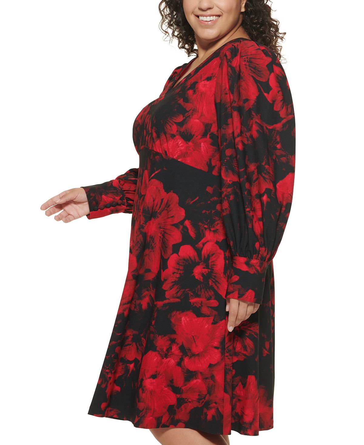 Calvin Klein Women's Scuba Crepe Floral Long Sleeve V Neck Dress Red Size 18W