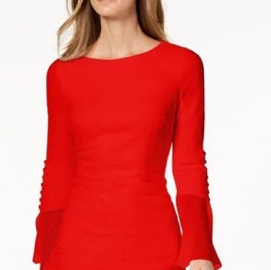 Calvin Klein Women's Chiffon Bell Sleeve Sheath Dress Red Size 16