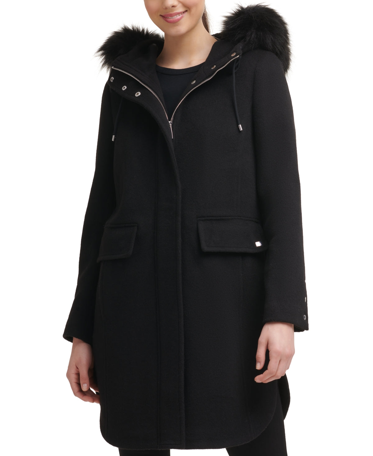 Calvin Klein Women's Faux Fur Trim Hooded Walker Coat Black Size Small