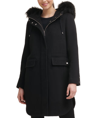 Calvin Klein Women's Faux Fur Trim Hooded Walker Coat Black Size Small