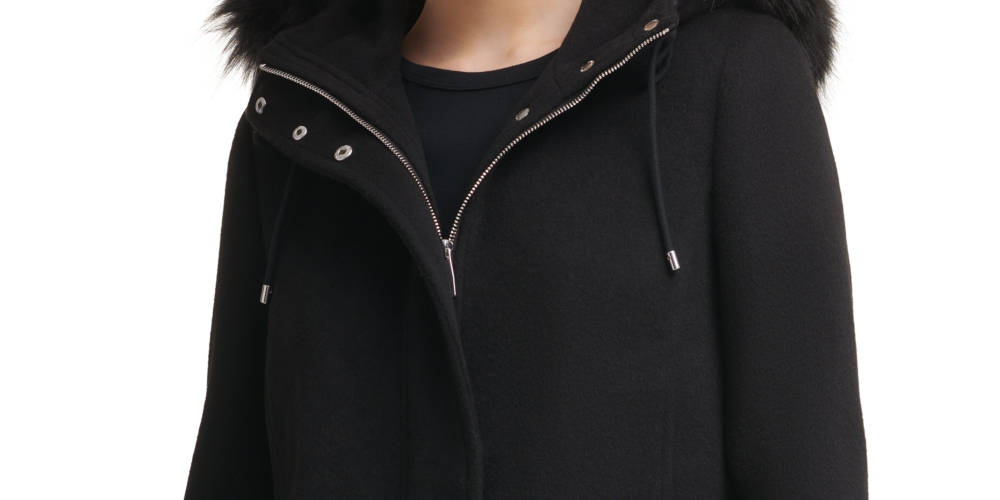 Calvin Klein Women's Faux Fur Trim Hooded Walker Coat Black Size Small