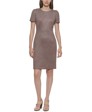Calvin Klein Women's Scuba Suede Short Sleeve Sheath Dress Brown Size 12