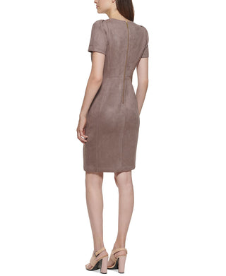 Calvin Klein Women's Scuba Suede Short Sleeve Sheath Dress Brown Size 12