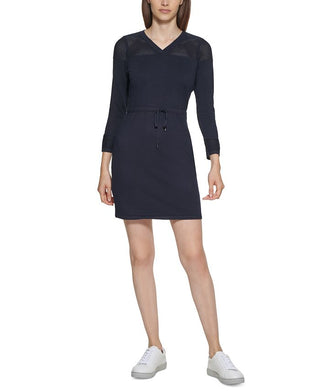 Calvin Klein Women's Stretch Ribbed Tie Pointelle Trim 3/4 Sleeve V Neck Short Sweater Dress Blue Size Petite Small