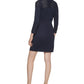 Calvin Klein Women's Stretch Ribbed Tie Pointelle Trim 3/4 Sleeve V Neck Short Sweater Dress Blue Size Petite Small