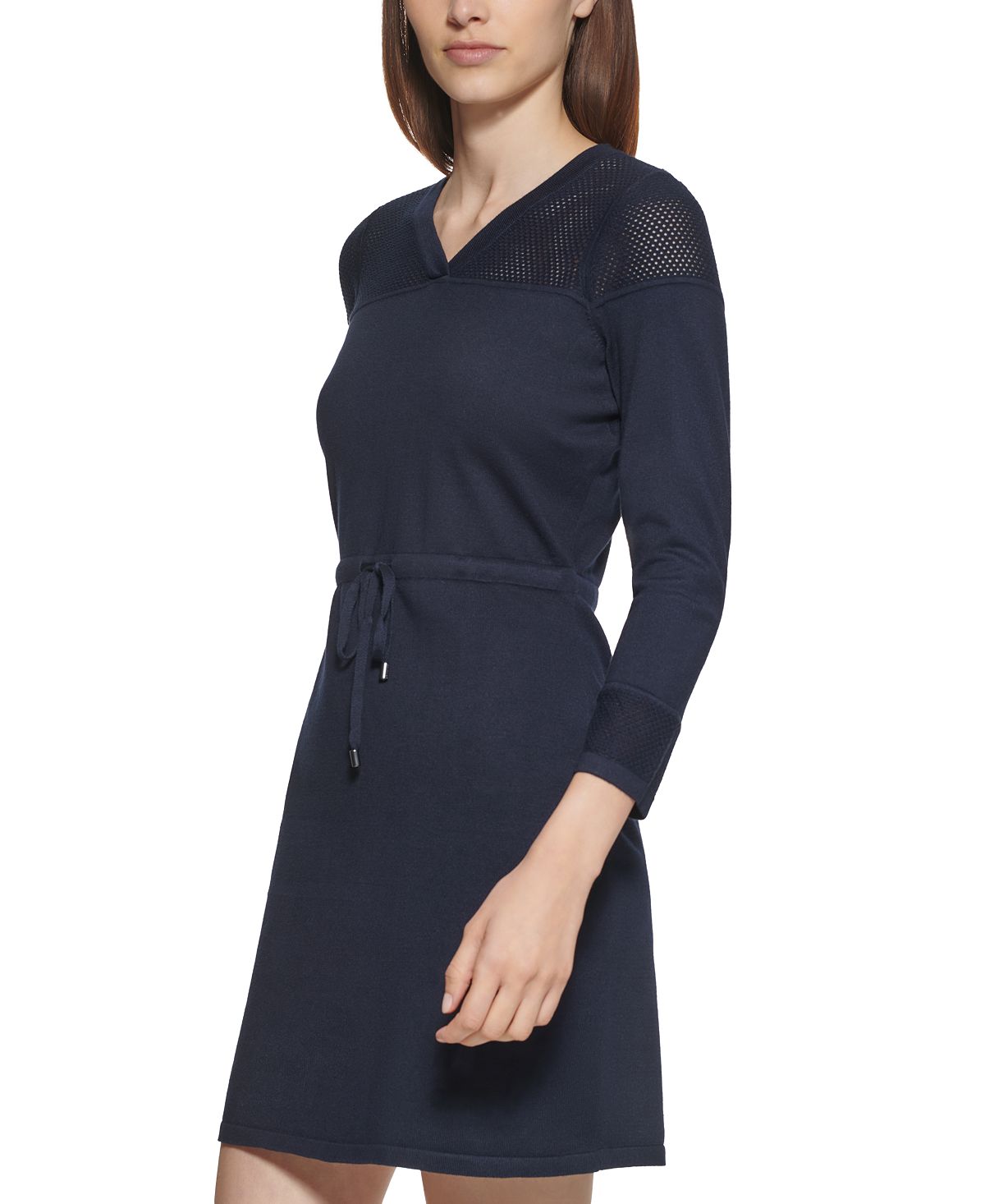 Calvin Klein Women's Stretch Ribbed Tie Pointelle Trim 3/4 Sleeve V Neck Short Sweater Dress Blue Size Petite Small