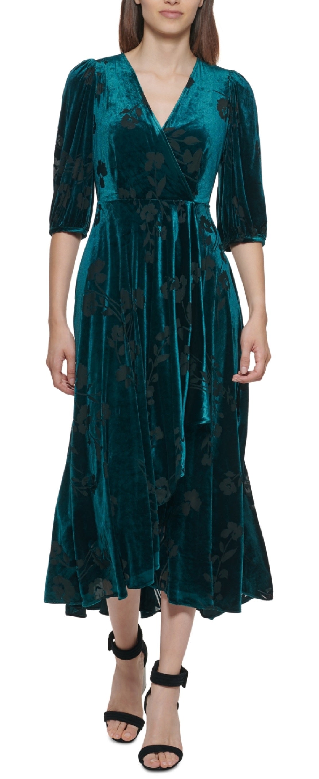 Calvin Klein Women's Floral Print Velvet Dress Green Size 8P