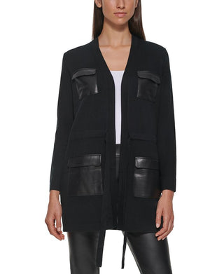 Calvin Klein Women's Faux Leather Pocket Sweater Black Size Large