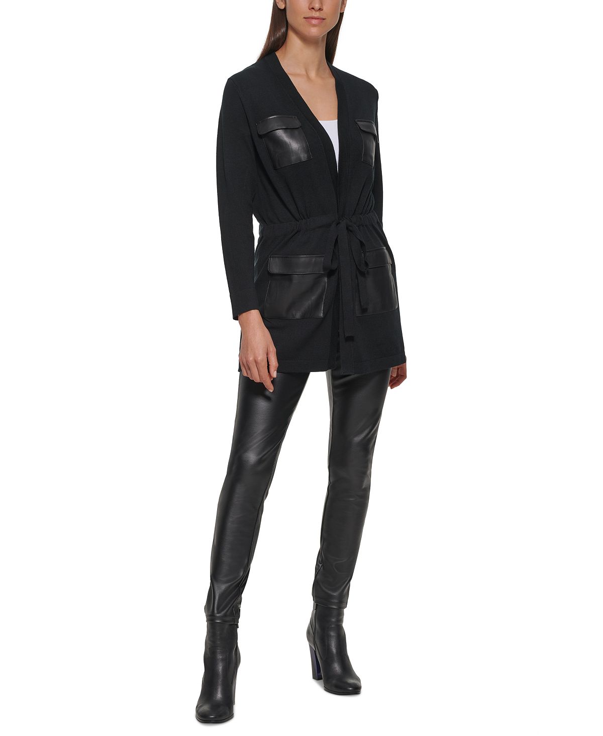 Calvin Klein Women's Faux Leather Pocket Sweater Black Size Large