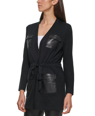 Calvin Klein Women's Faux Leather Pocket Sweater Black Size Large