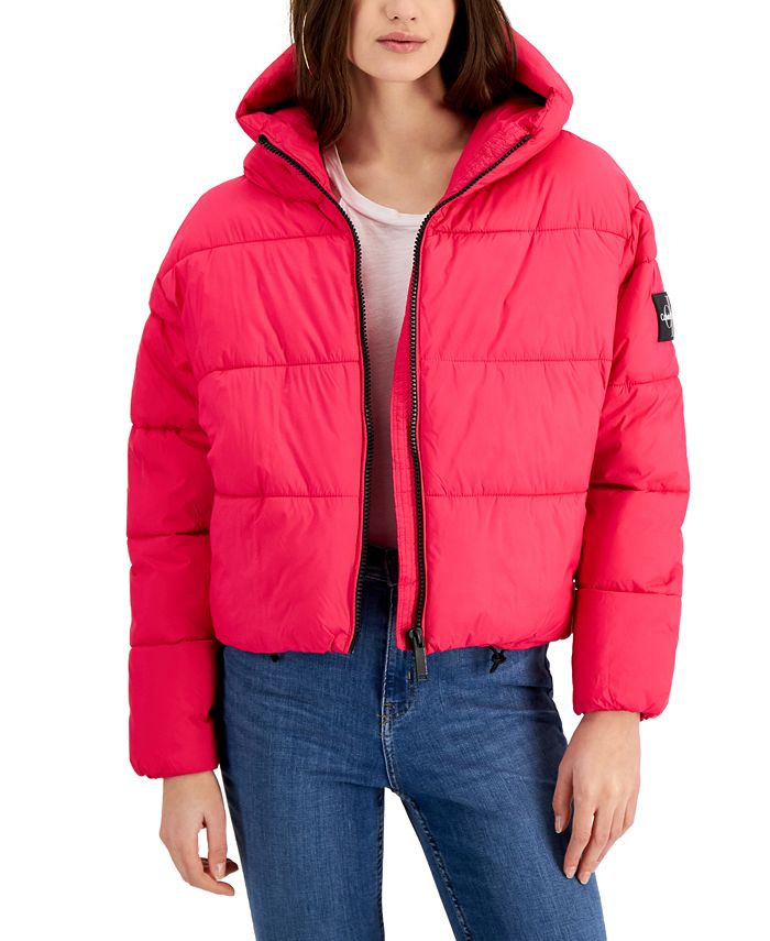 Calvin Klein Women's Hooded Boxy Puffer Jacket Red Size Large