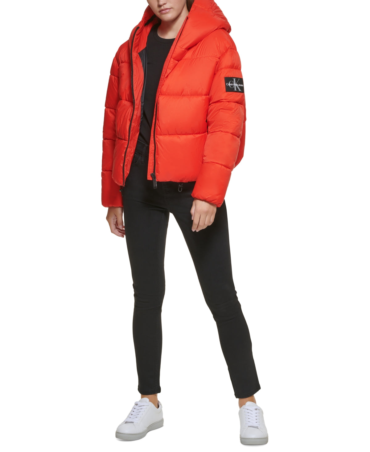Calvin Klein Women's Hooded Boxy Puffer Jacket Red Size Large