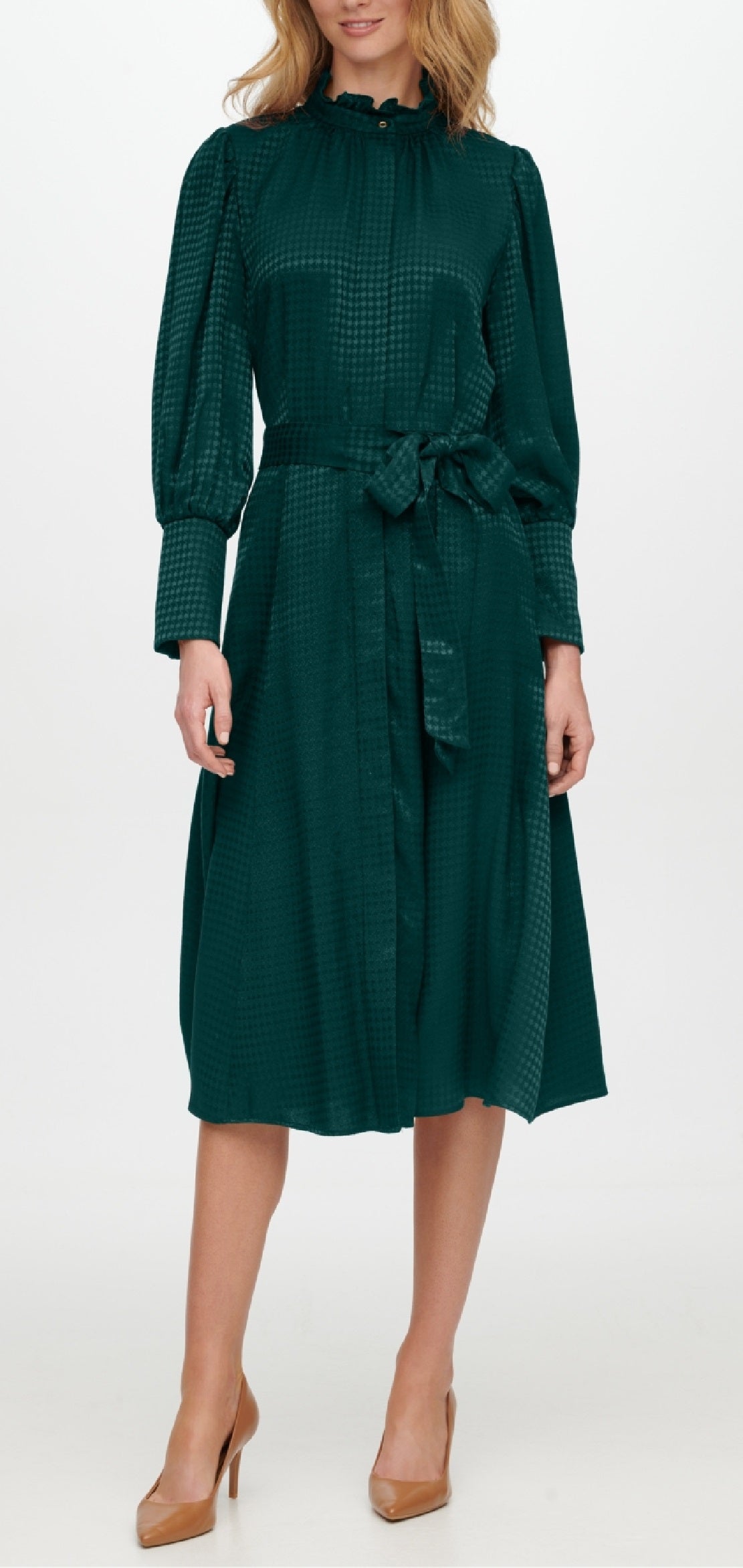 Calvin Klein Women's Belted Textured Button Cuff Houndstooth Balloon Sleeve Mock Neck Midi Cocktail Shirt Dress Green Size 2