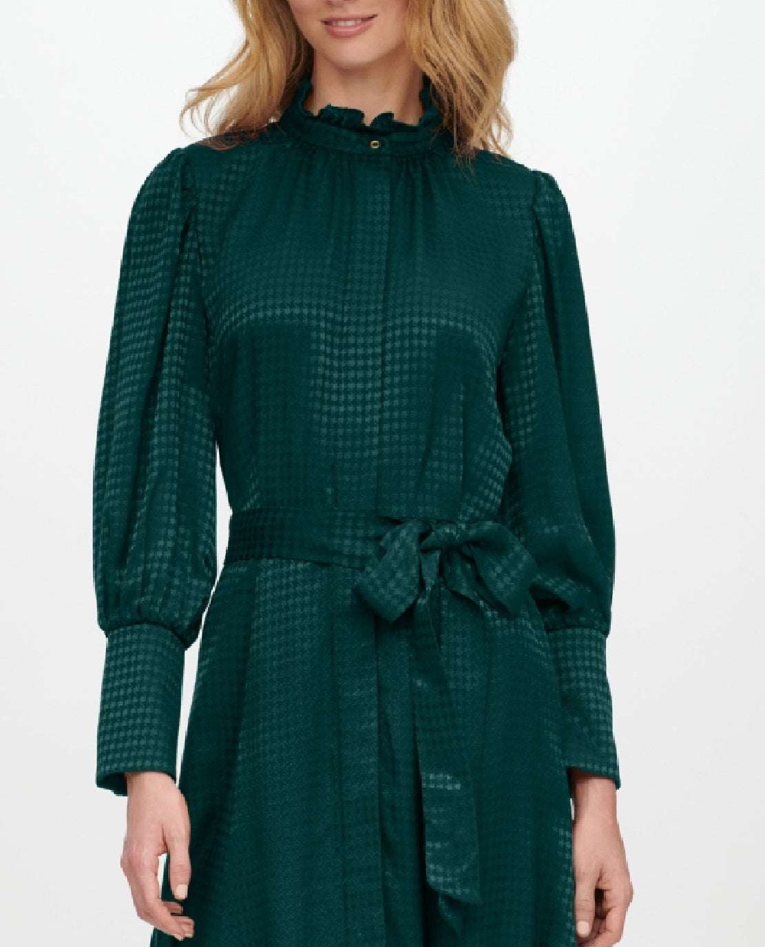Calvin Klein Women's Belted Textured Button Cuff Houndstooth Balloon Sleeve Mock Neck Midi Cocktail Shirt Dress Green Size 2