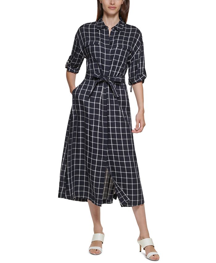 Calvin Klein Women's Plaid a Line Shirtdress White Size 12
