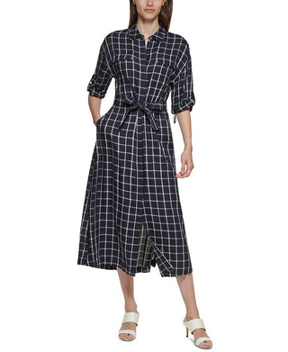 Calvin Klein Women's Plaid a Line Shirtdress White Size 12