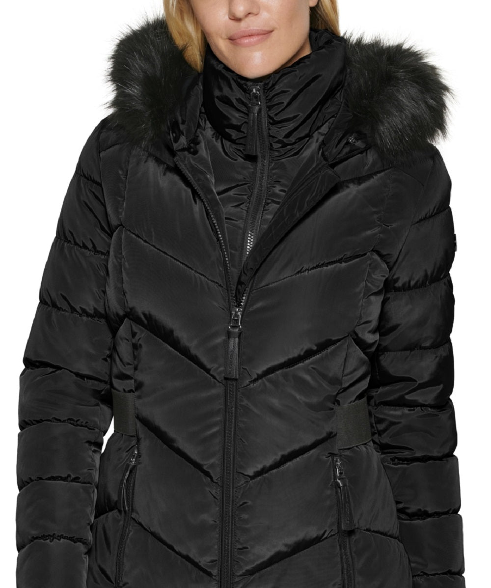 Calvin Klein Women's Faux Fur Trim Hooded Puffer Coat Black Size Small