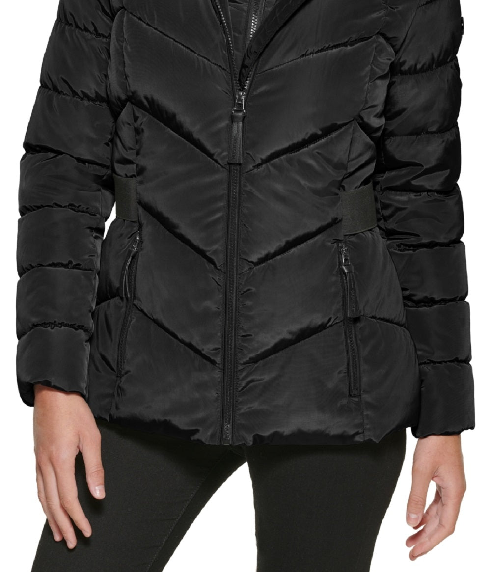 Calvin Klein Women's Faux Fur Trim Hooded Puffer Coat Black Size Small