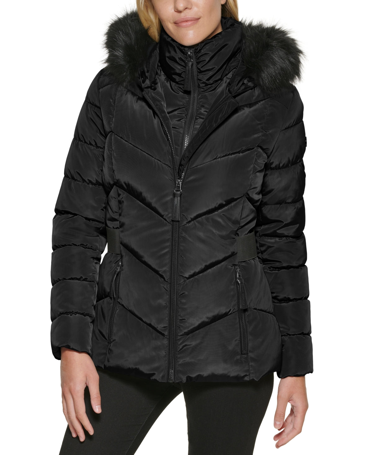 Calvin Klein Women's Faux Fur Trim Hooded Puffer Coat Black Size Small