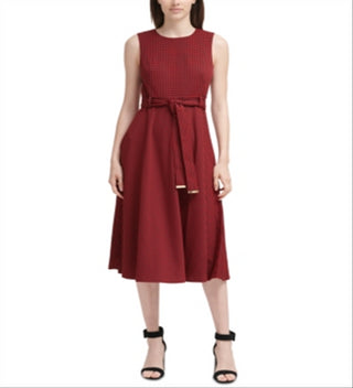 Calvin Klein Women's Belted Houndstooth a Line Dress Red Size 14