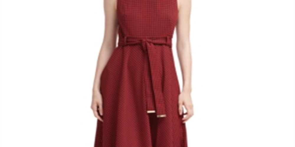Calvin Klein Women's Belted Houndstooth a Line Dress Red Size 14